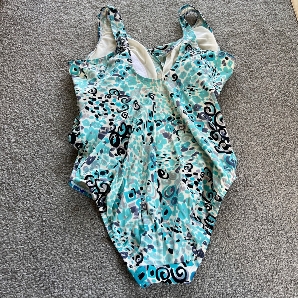Longitude One Piece Swimsuit Womens 10 Blue Teal Abstract Wrap tummy control - Picture 4 of 13